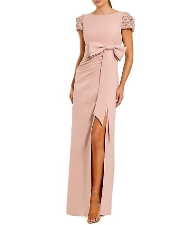 Mac Duggal Beaded Short Sleeve Crepe Gown With Bow and Slit