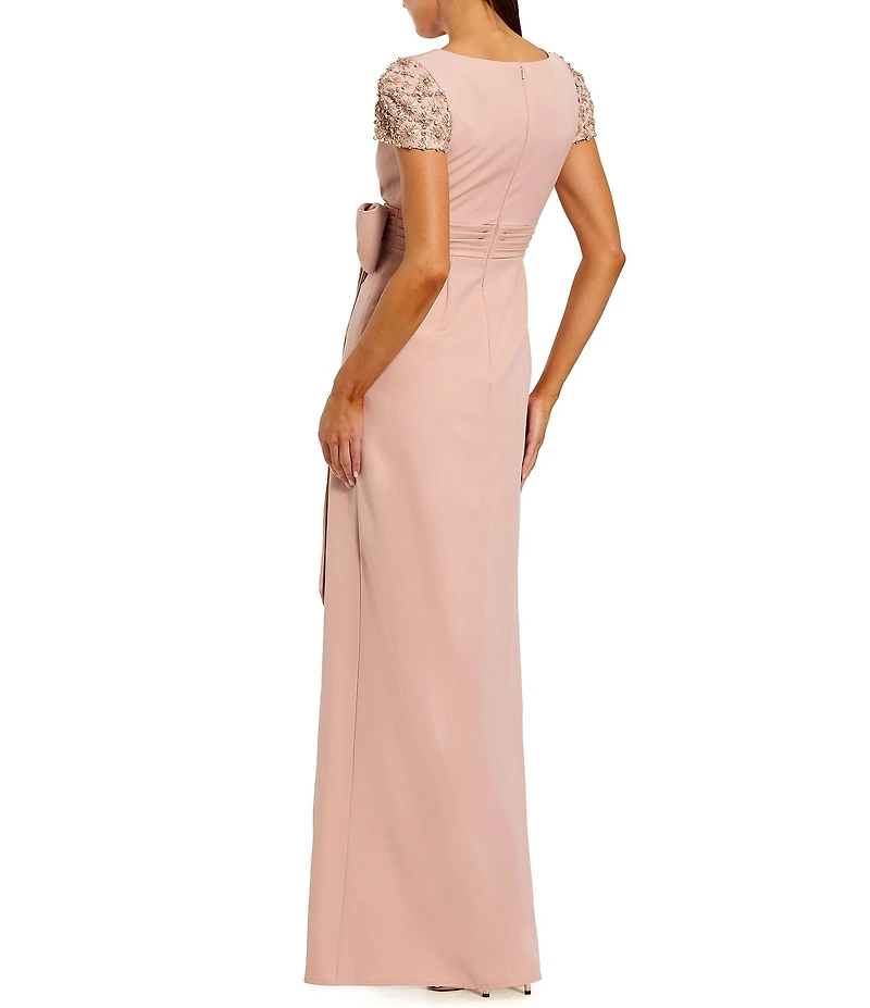 Mac Duggal Beaded Short Sleeve Crepe Gown With Bow and Slit
