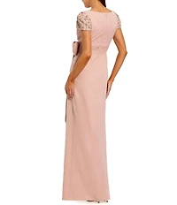 Mac Duggal Beaded Short Sleeve Crepe Gown With Bow and Slit