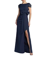 Mac Duggal Beaded Short Sleeve Crepe Gown With Bow and Slit