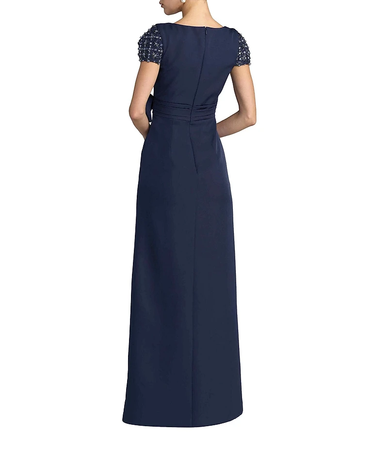 Mac Duggal Beaded Short Sleeve Crepe Gown With Bow and Slit