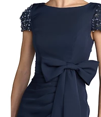 Mac Duggal Beaded Short Sleeve Crepe Gown With Bow and Slit