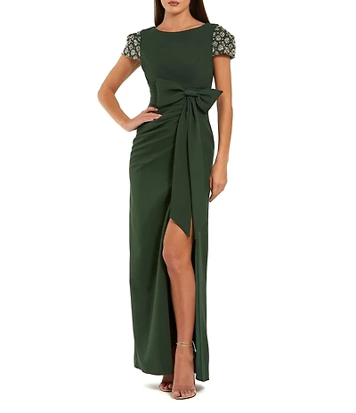 Mac Duggal Beaded Short Sleeve Crepe Gown With Bow and Slit