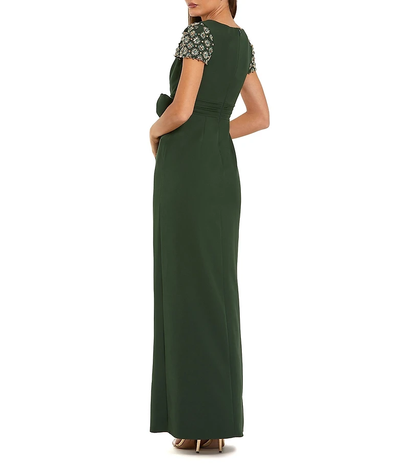 Mac Duggal Beaded Short Sleeve Crepe Gown With Bow and Slit