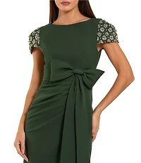 Mac Duggal Beaded Short Sleeve Crepe Gown With Bow and Slit