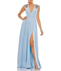 Mac Duggal Beaded Shoulder Deep V-Neck Cap Sleeve Thigh High Slit A-Line Gown