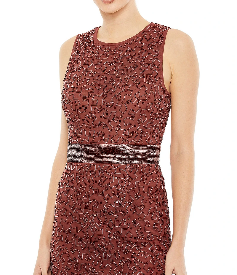 Mac Duggal Beaded Sleeveless Crew Neck Sheath Dress
