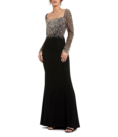 Mac Duggal Beaded Square Neck Long Illusion Sleeve Jersey Side Slit Gown