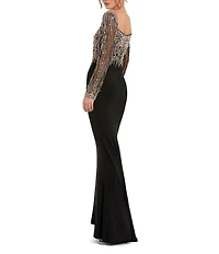 Mac Duggal Beaded Square Neck Long Illusion Sleeve Jersey Side Slit Gown