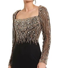 Mac Duggal Beaded Square Neck Long Illusion Sleeve Jersey Side Slit Gown