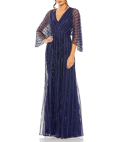 Mac Duggal Beaded Striping Kimono Sleeve V Neck Gown