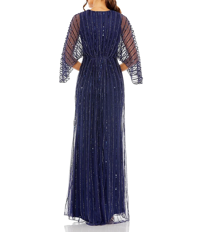 Mac Duggal Beaded Striping Kimono Sleeve V Neck Gown