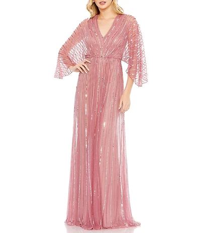 Mac Duggal Beaded Striping Kimono Sleeve V Neck Gown