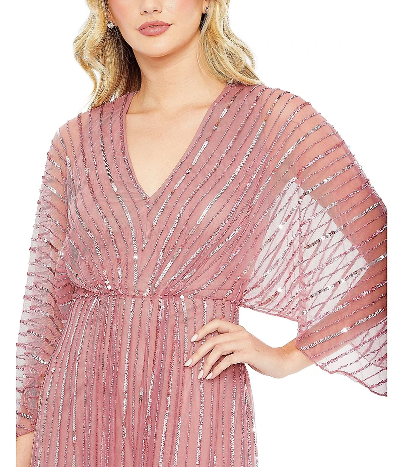 Mac Duggal Beaded Striping Kimono Sleeve V Neck Gown