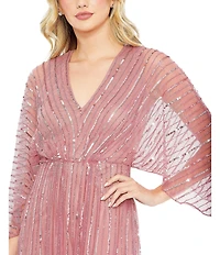 Mac Duggal Beaded Striping Kimono Sleeve V Neck Gown