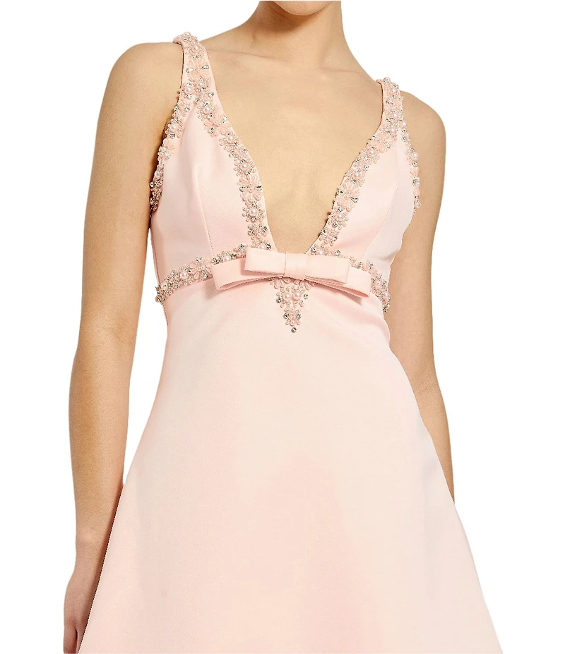 Mac Duggal Beaded Trim Deep V-Neck Sleeveless Bow Mini Babydoll Dress