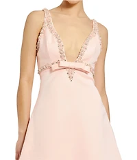 Mac Duggal Beaded Trim Deep V-Neck Sleeveless Bow Mini Babydoll Dress