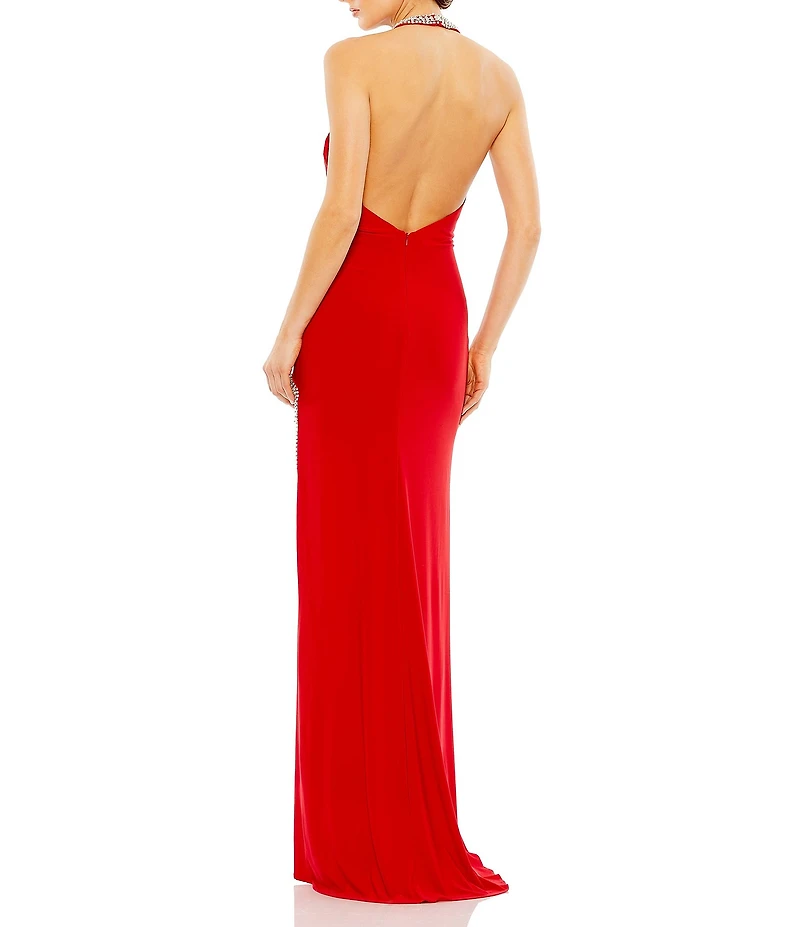Mac Duggal Beaded Trim Halter Neck Gown