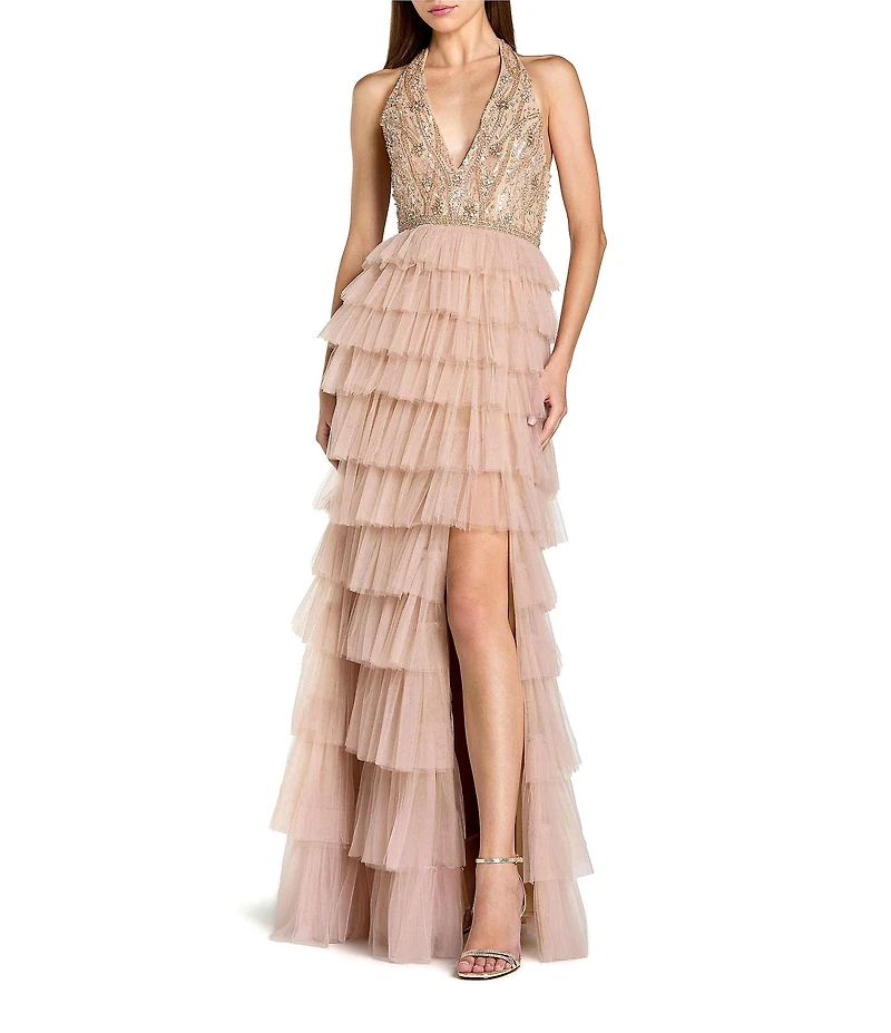 Mac Duggal Beaded Tulle Sleeveless V Neck Ruffle Column Gown