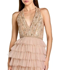 Mac Duggal Beaded Tulle Sleeveless V Neck Ruffle Column Gown