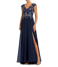 Mac Duggal Beaded V-Neck Cap Sleeve A-Line Gown