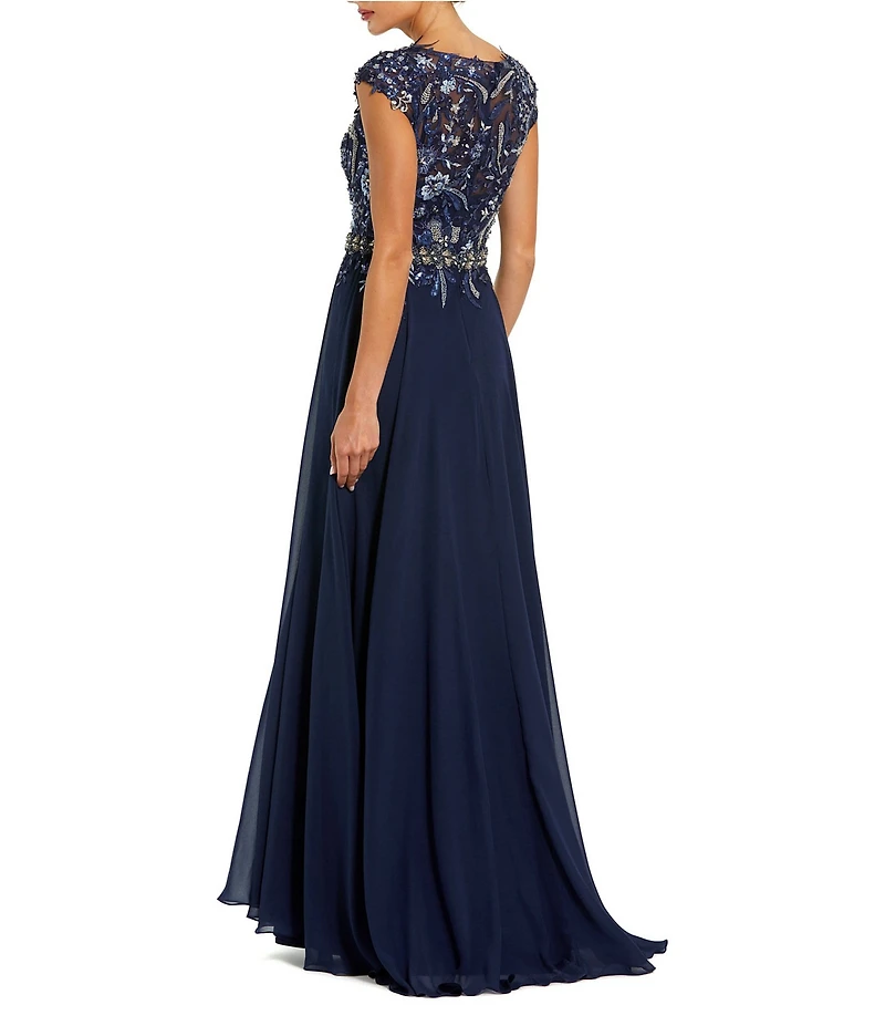 Mac Duggal Beaded V-Neck Cap Sleeve A-Line Gown
