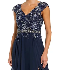 Mac Duggal Beaded V-Neck Cap Sleeve A-Line Gown