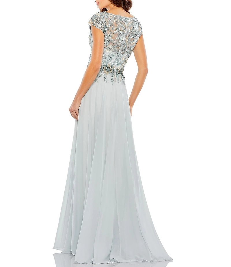 Mac Duggal Beaded V-Neck Cap Sleeve A-Line Gown