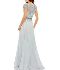 Mac Duggal Beaded V-Neck Cap Sleeve A-Line Gown