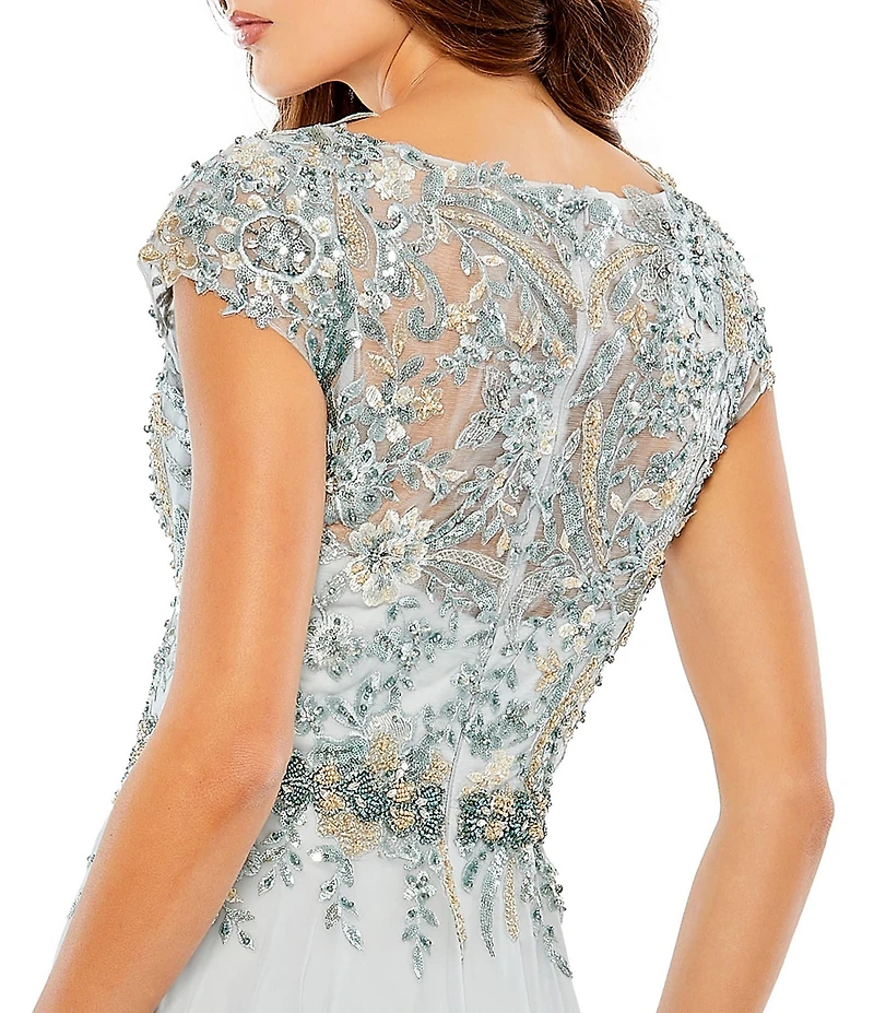 Mac Duggal Beaded V-Neck Cap Sleeve A-Line Gown