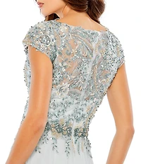 Mac Duggal Beaded V-Neck Cap Sleeve A-Line Gown