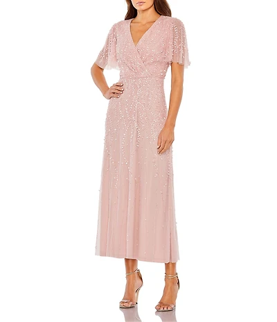 Mac Duggal Beaded V-Neck Flutter Sleeve Faux Wrap Midi Dress