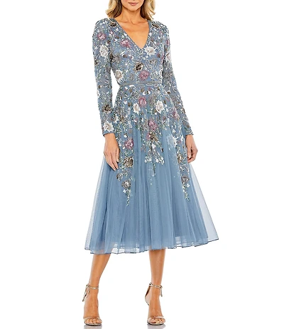Mac Duggal Beaded V-Neck Long Sleeve Midi Dress