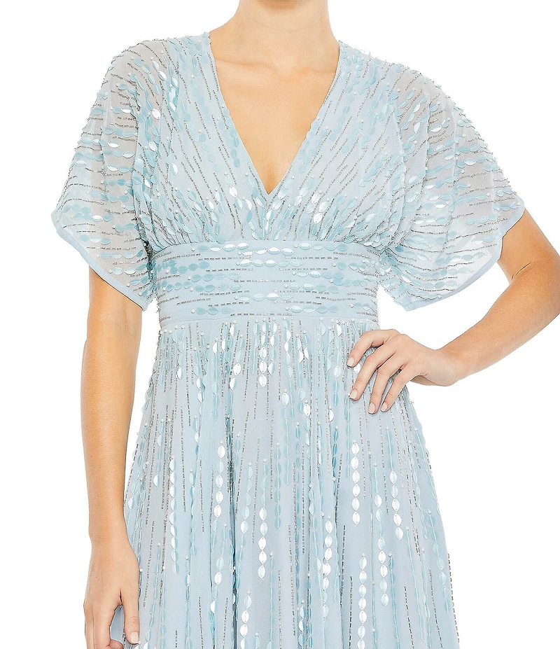 Mac Duggal Beaded V-Neck Short Sleeve Gown
