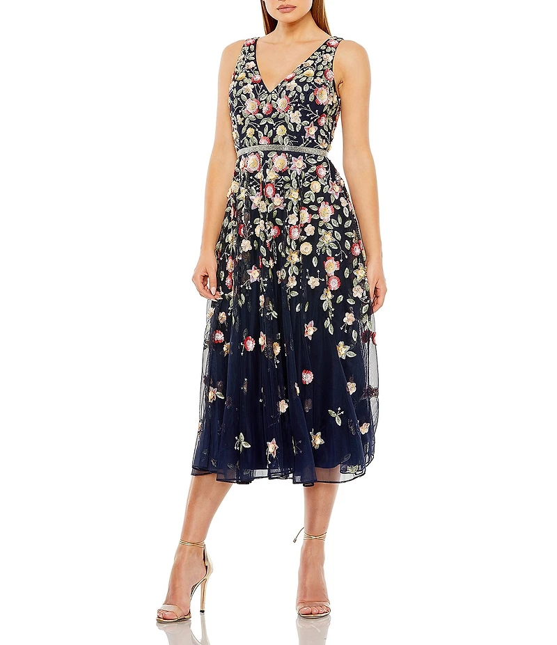 Mac Duggal Beaded V-Neck Sleeveless A-Line Midi Dress