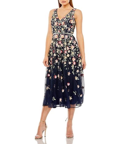 Mac Duggal Beaded V-Neck Sleeveless A-Line Midi Dress