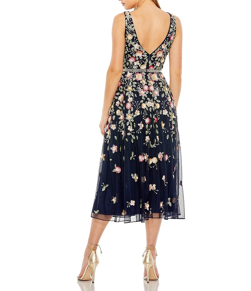 Mac Duggal Beaded V-Neck Sleeveless A-Line Midi Dress