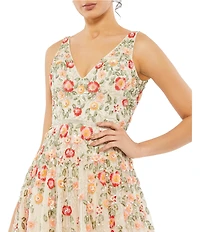 Mac Duggal Beaded V-Neck Sleeveless A-Line Midi Dress