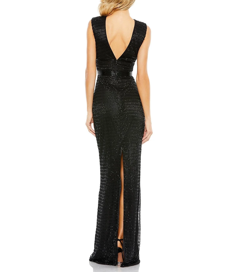 Mac Duggal Beaded V-Neck Sleeveless Sheath Gown