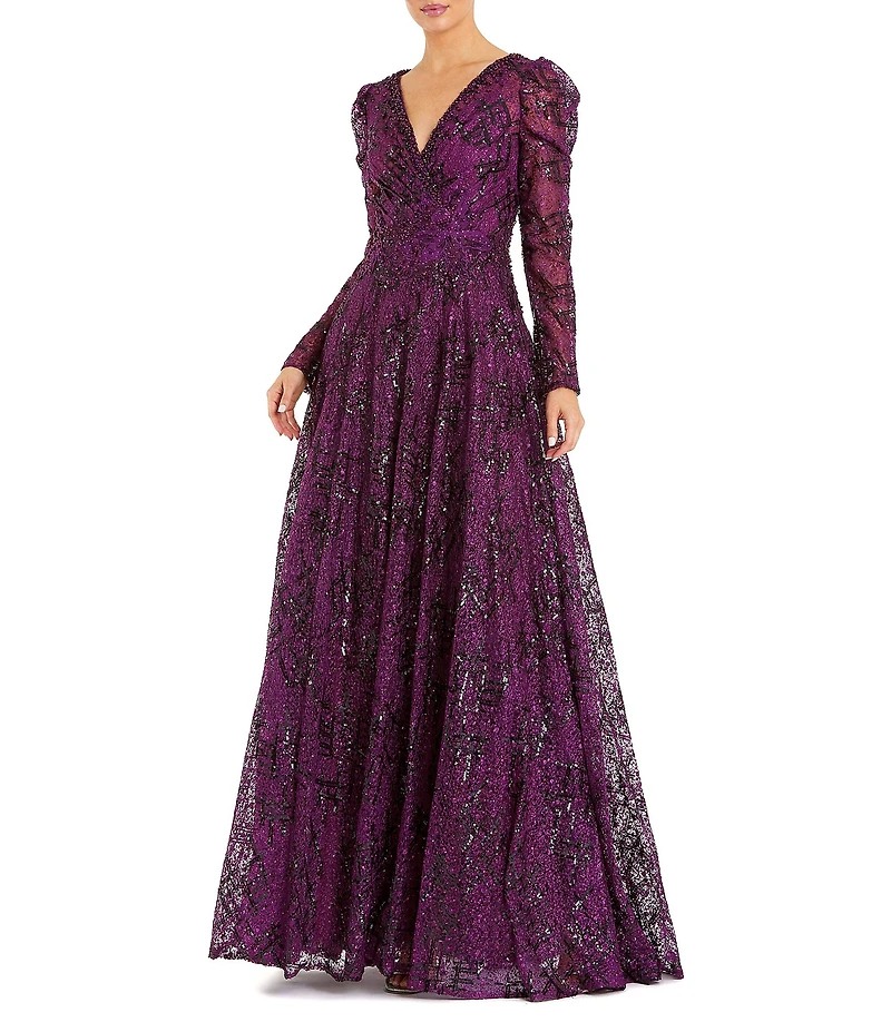 Mac Duggal Beaded V-Neckline Long Puff Sleeve A-Line Gown