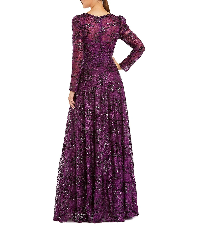 Mac Duggal Beaded V-Neckline Long Puff Sleeve A-Line Gown