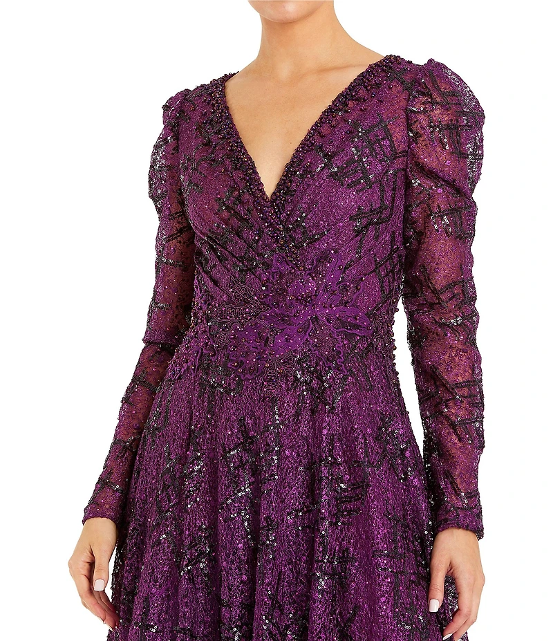Mac Duggal Beaded V-Neckline Long Puff Sleeve A-Line Gown