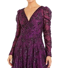 Mac Duggal Beaded V-Neckline Long Puff Sleeve A-Line Gown