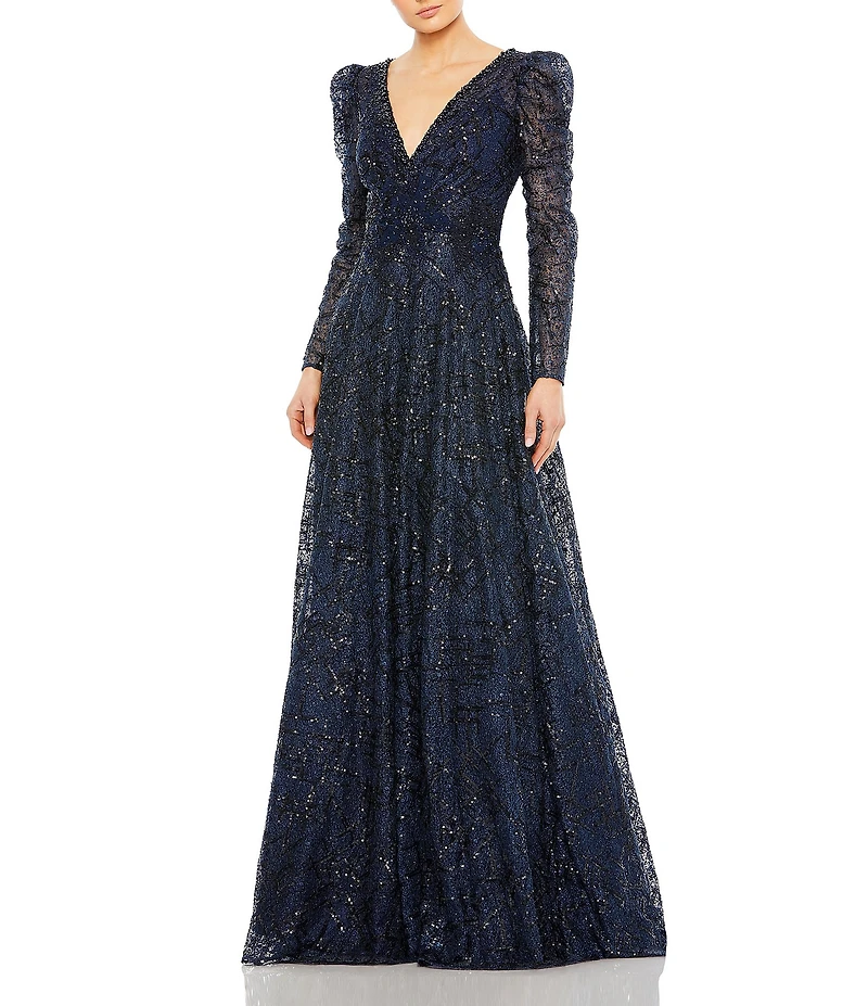Mac Duggal Beaded V-Neckline Long Puff Sleeve A-Line Gown