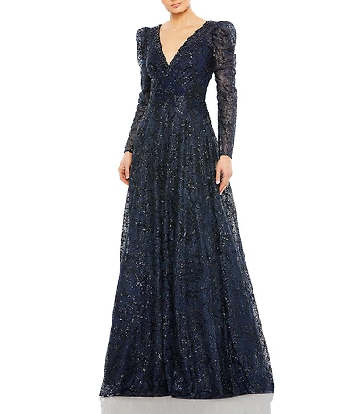 Mac Duggal Beaded V-Neckline Long Puff Sleeve A-Line Gown