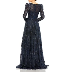 Mac Duggal Beaded V-Neckline Long Puff Sleeve A-Line Gown