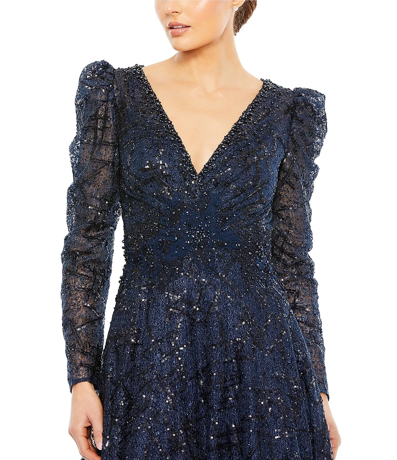 Mac Duggal Beaded V-Neckline Long Puff Sleeve A-Line Gown