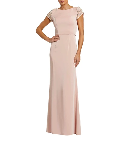 Mac Duggal Boat Neck Beaded Short Sleeve Column Gown