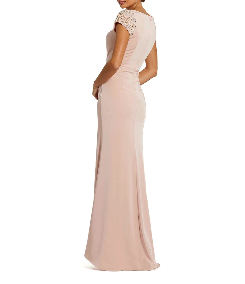 Mac Duggal Boat Neck Beaded Short Sleeve Column Gown