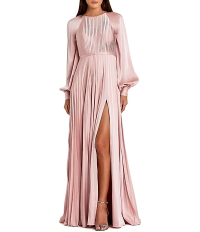 Mac Duggal Crew Neck Long Blouson Cuff Sleeve Pleated High Slit Gown